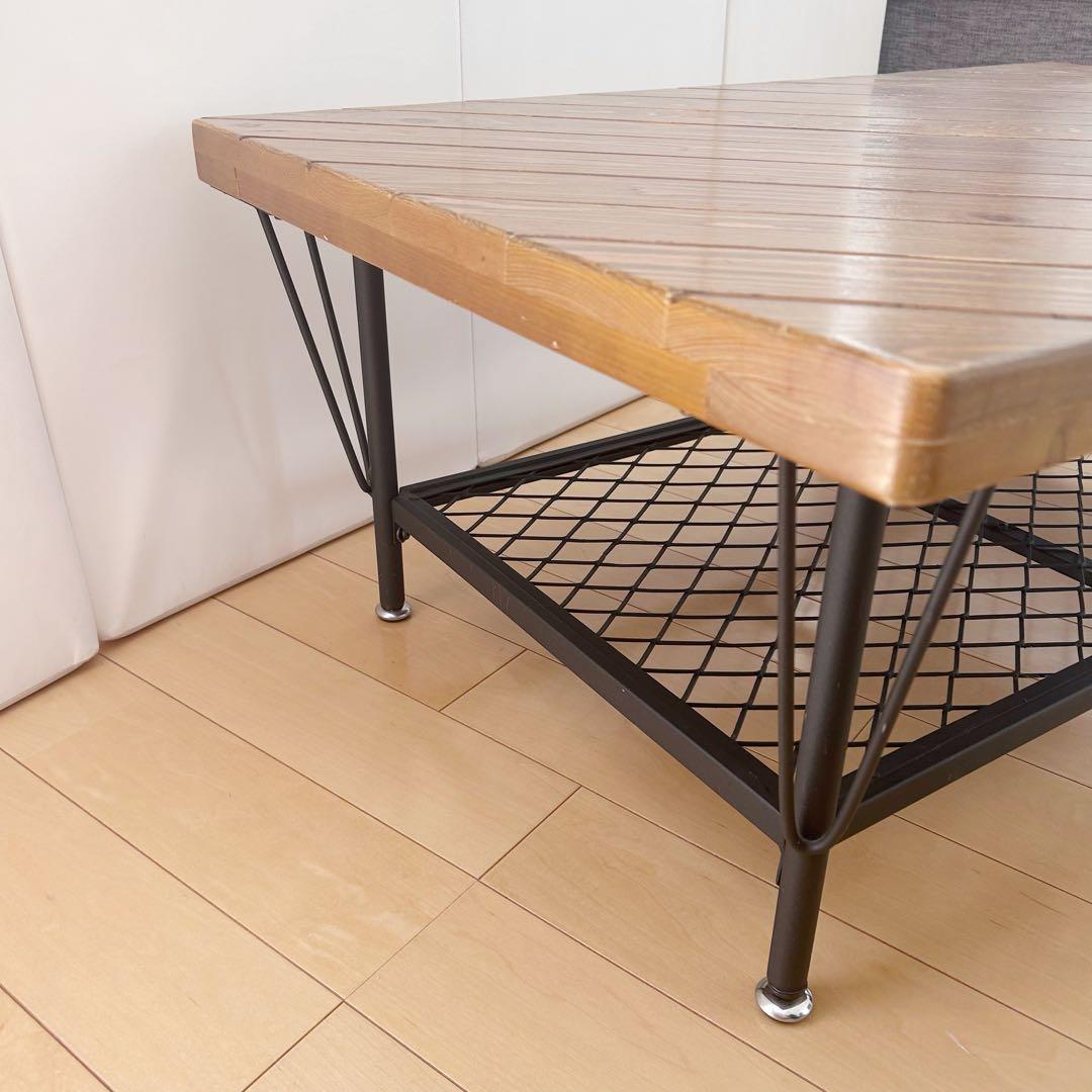 アンティーク　センターテーブル　コーヒーテーブル　メッシュスチール棚　パイン材