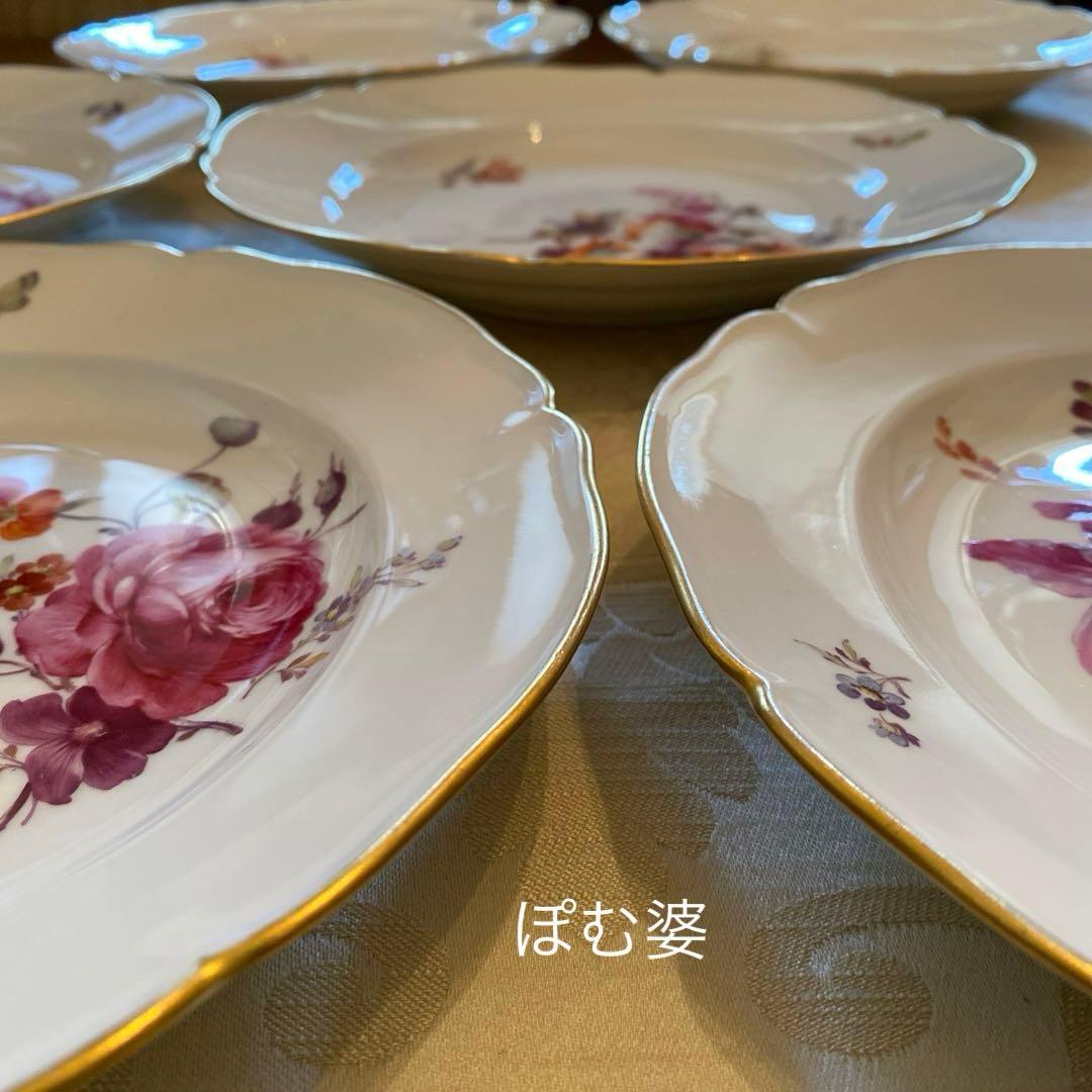 【KPMベルリン】金彩 手描き ディナー皿 ６枚「大きな花／いずれもシック」