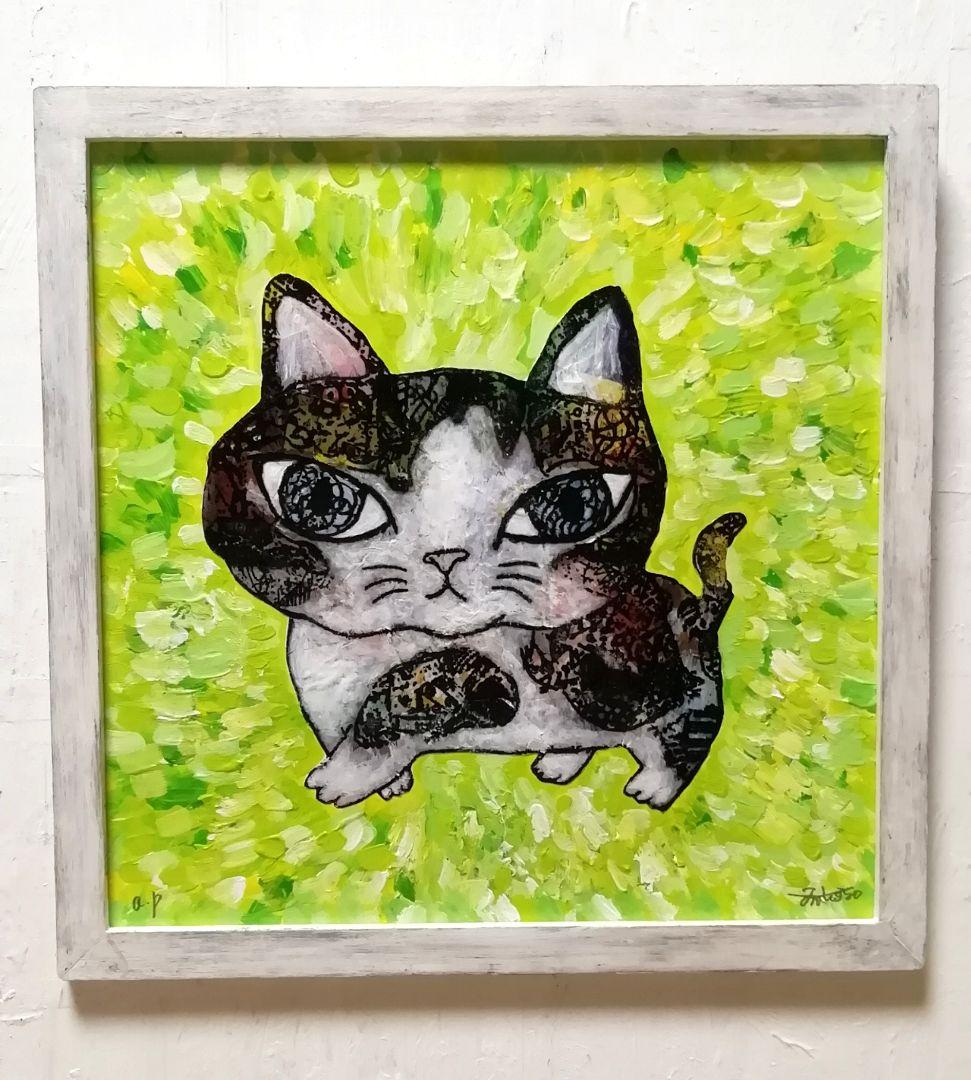 額付き銅版画応用絵画　title「お通りニャンコ」　「ひらめき猫」「フレブル」