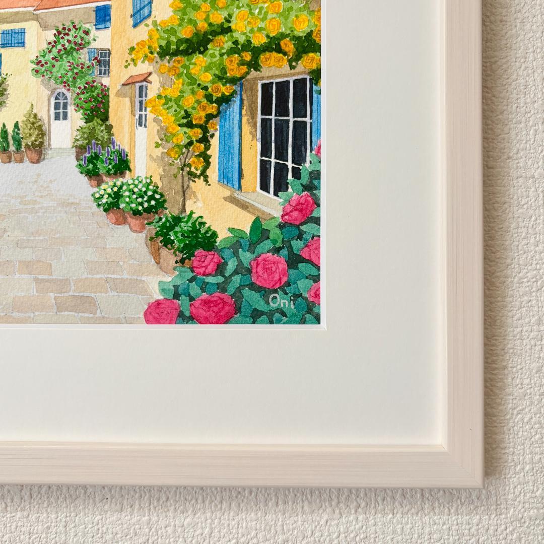 透明水彩画　原画　「花の咲く路地06」額縁付き　F4サイズ　風景画