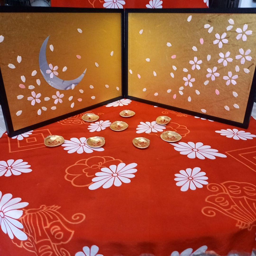 くろちく古布縮緬押絵　金屏風\"桜月夜\"