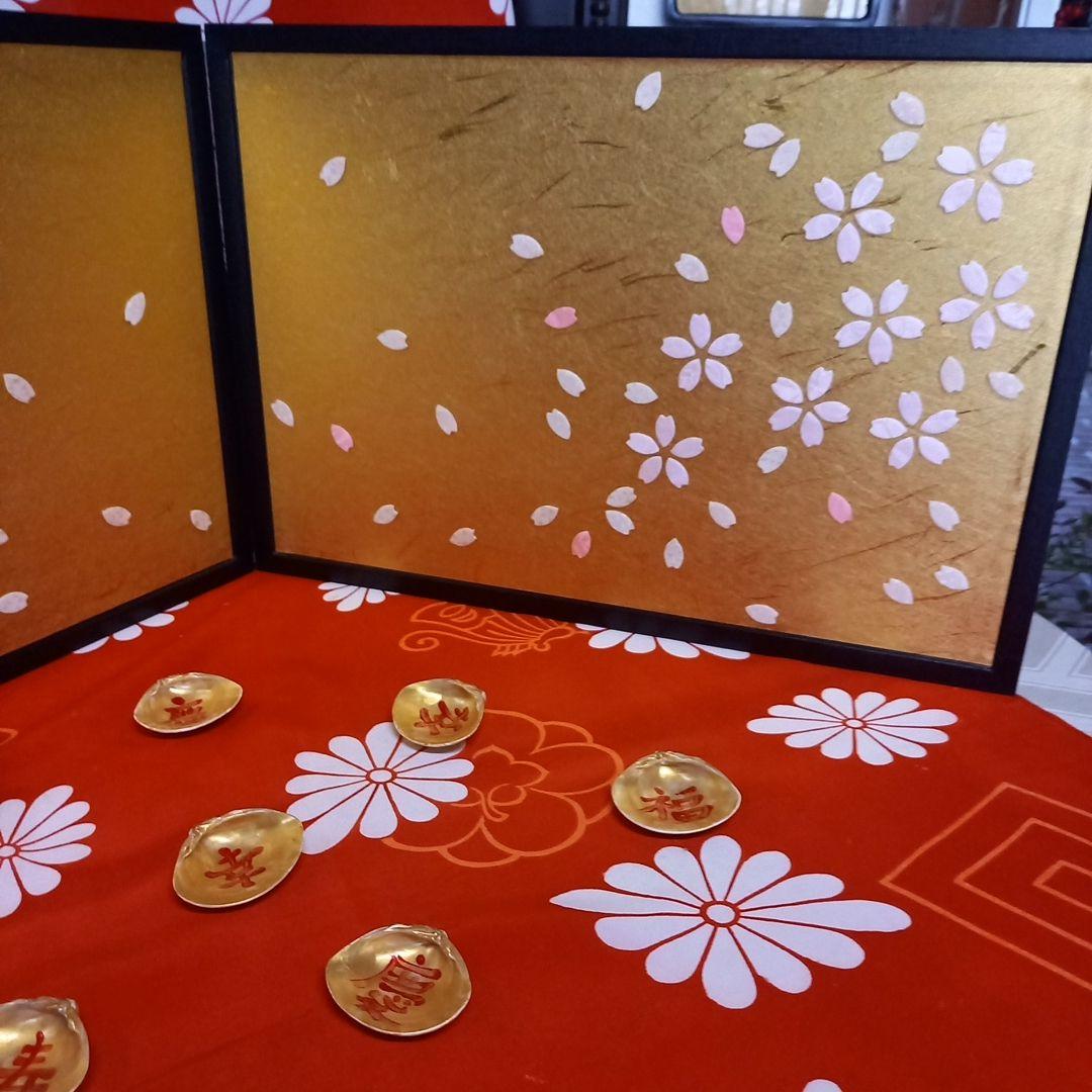 くろちく古布縮緬押絵　金屏風\"桜月夜\"