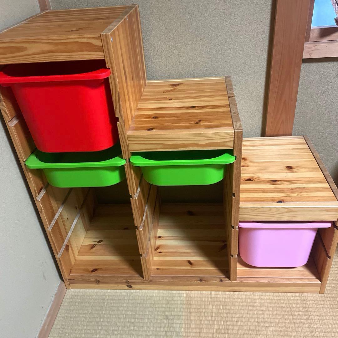 【送料込】IKEA イケア　おもちゃ収納棚トロファスト　木製階段　収納ケース付き