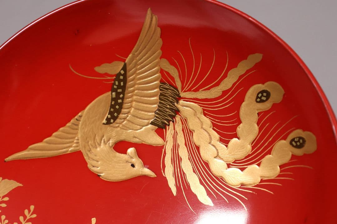 【MA776】時代木製漆器 桐鳳凰・菊 金蒔絵 朱塗 引盃 五客 木製漆器 小皿