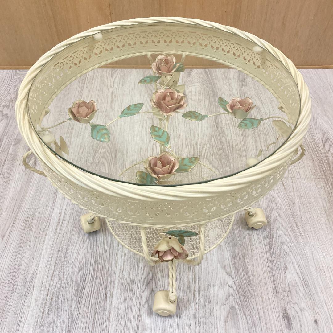 アンティーク調　薔薇　サイドテーブル　ガラステーブル