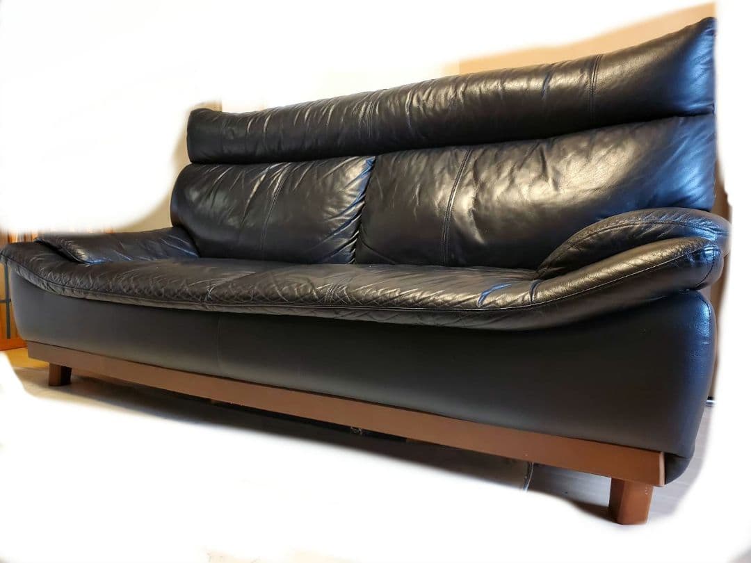 3人掛け 革張り 本皮 牛革 レザー ソファ ブラック ハイバック 190cm