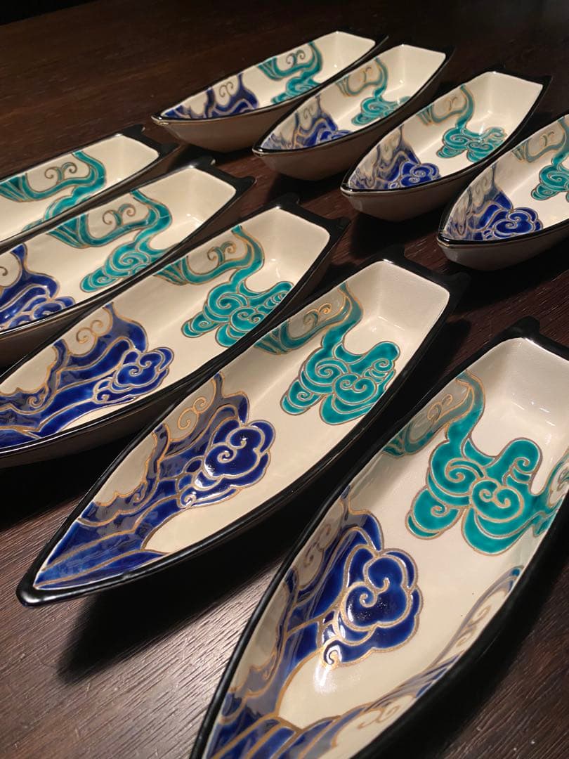 清水焼向付　仁清流水舟形向付5客　新品未使用　京焼