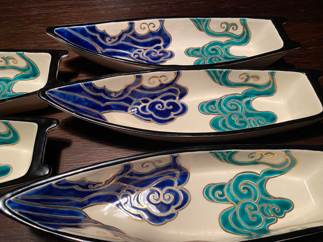 清水焼向付　仁清流水舟形向付5客　新品未使用　京焼