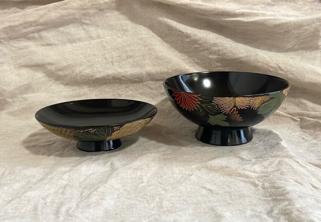 輪島塗 黒塗 菊詰沈金花蒔絵 蓋付椀 2客 / 懐石椀・蒔絵椀・雑煮椀