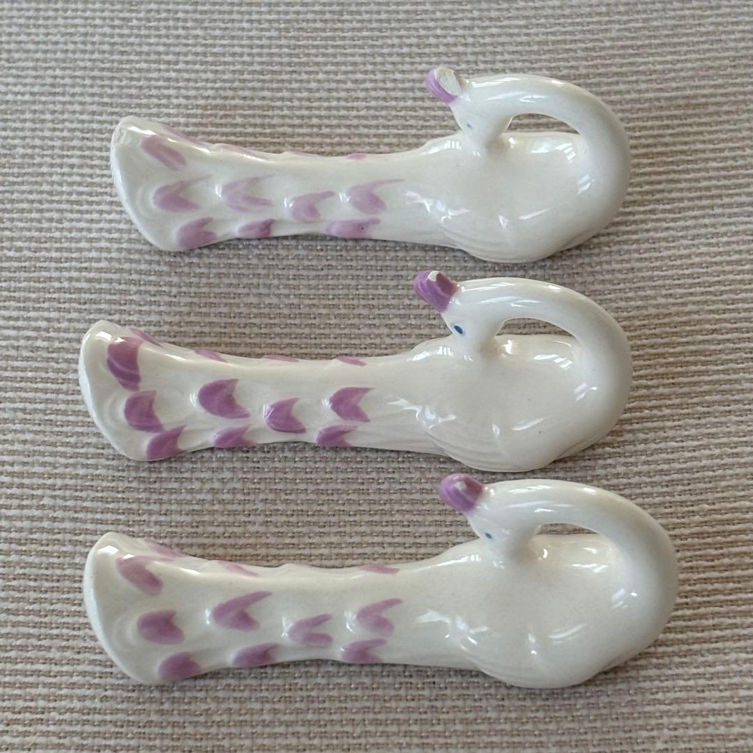 フランスアンティーク カトラリーレスト ピンク色の羽のクジャク 6個セット