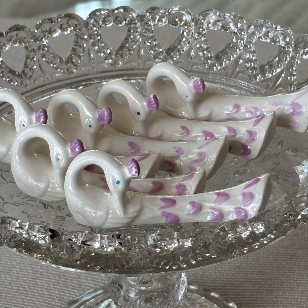 フランスアンティーク カトラリーレスト ピンク色の羽のクジャク 6個セット