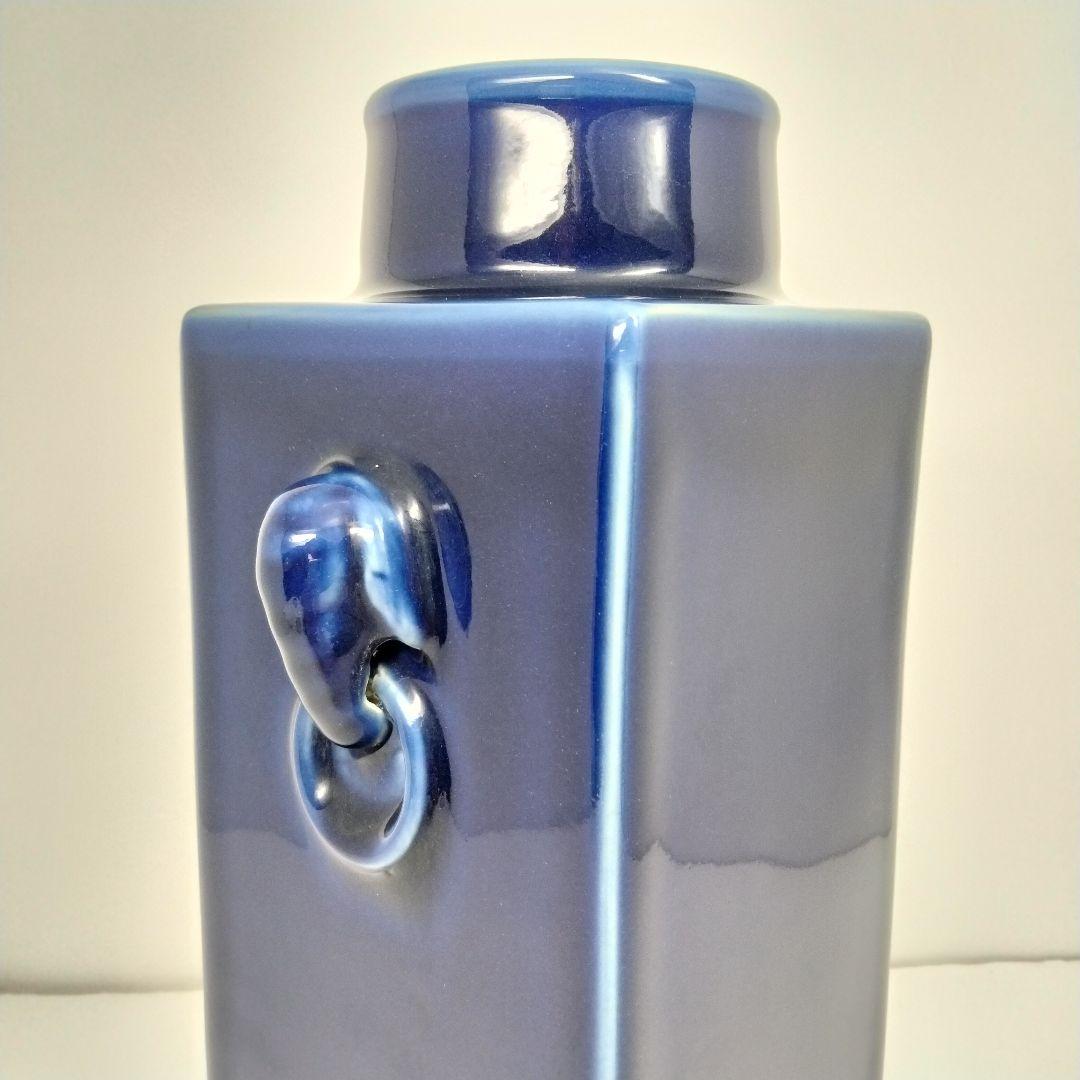 x130 中国 清代 藍釉 象耳方形瓶 角花瓶 高さ25.5cm - メルカリ