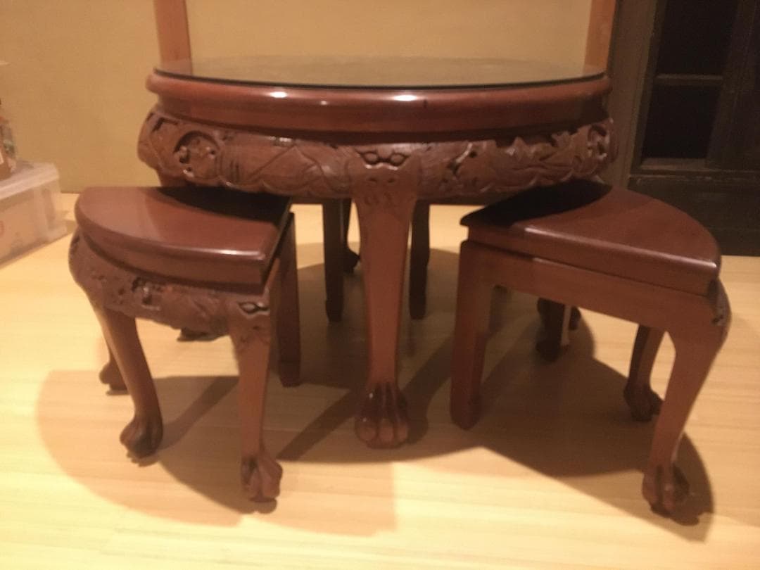 【アンティーク】中国彫木製　テーブル&椅子セット