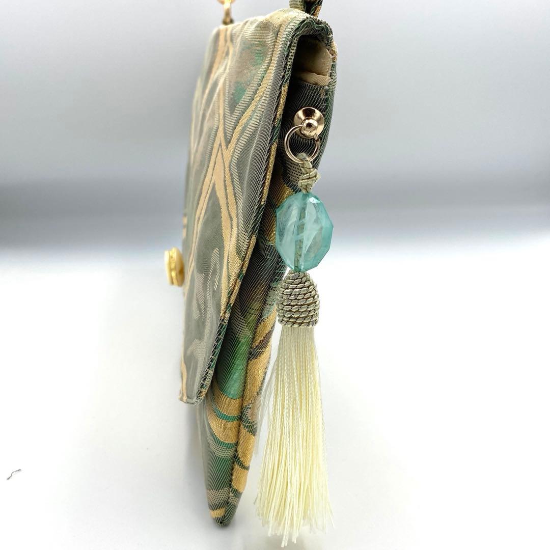 メタリックグリーン　帯リメイクバッグ　クラッチ&ポシェット2way 斜めがけ