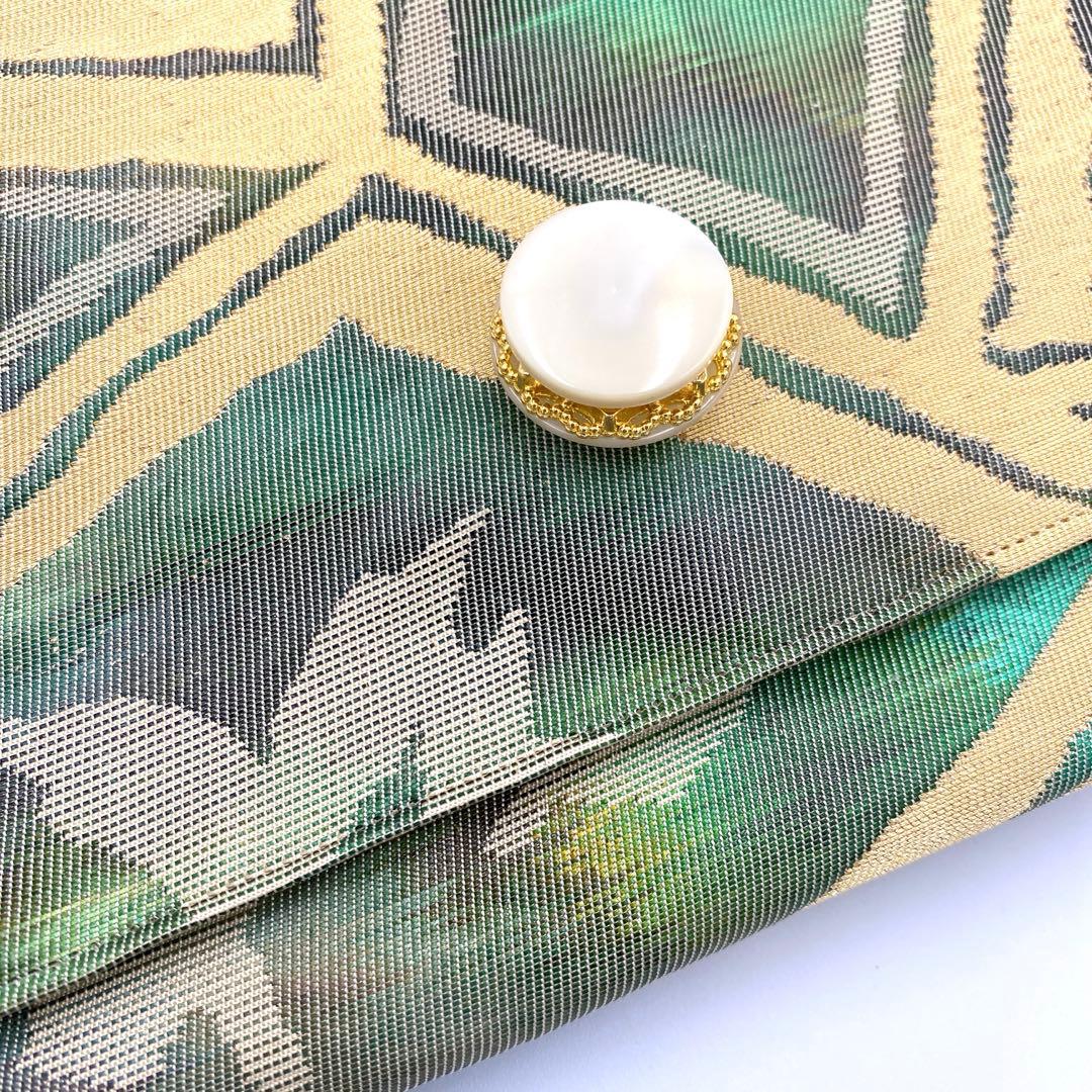 メタリックグリーン　帯リメイクバッグ　クラッチ&ポシェット2way 斜めがけ