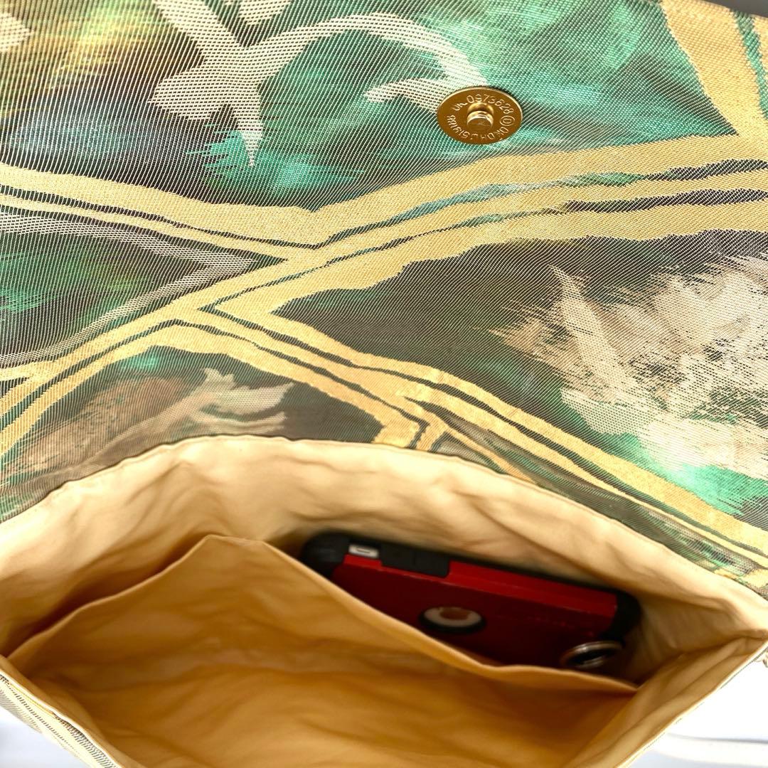 メタリックグリーン　帯リメイクバッグ　クラッチ&ポシェット2way 斜めがけ