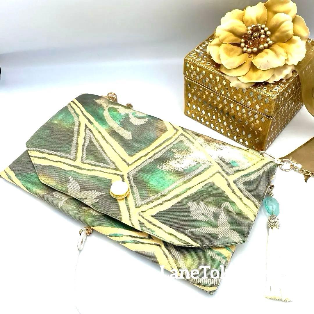 メタリックグリーン　帯リメイクバッグ　クラッチ&ポシェット2way 斜めがけ