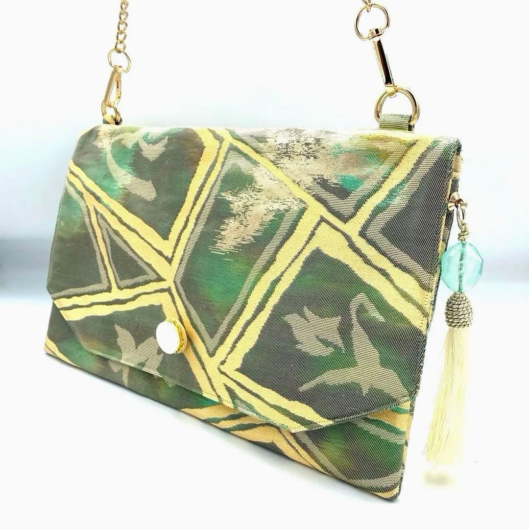 メタリックグリーン　帯リメイクバッグ　クラッチ&ポシェット2way 斜めがけ