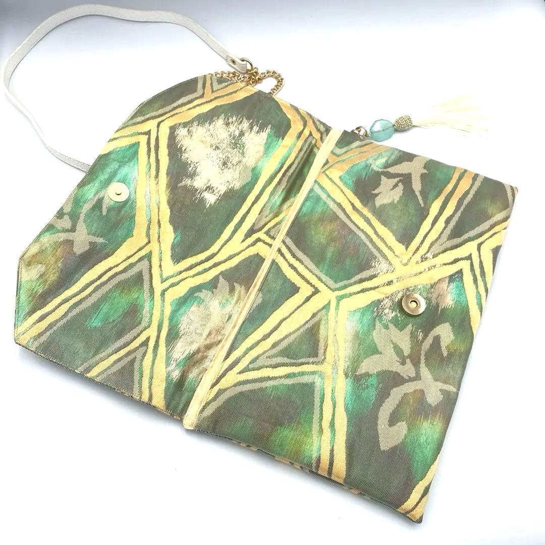 メタリックグリーン　帯リメイクバッグ　クラッチ&ポシェット2way 斜めがけ