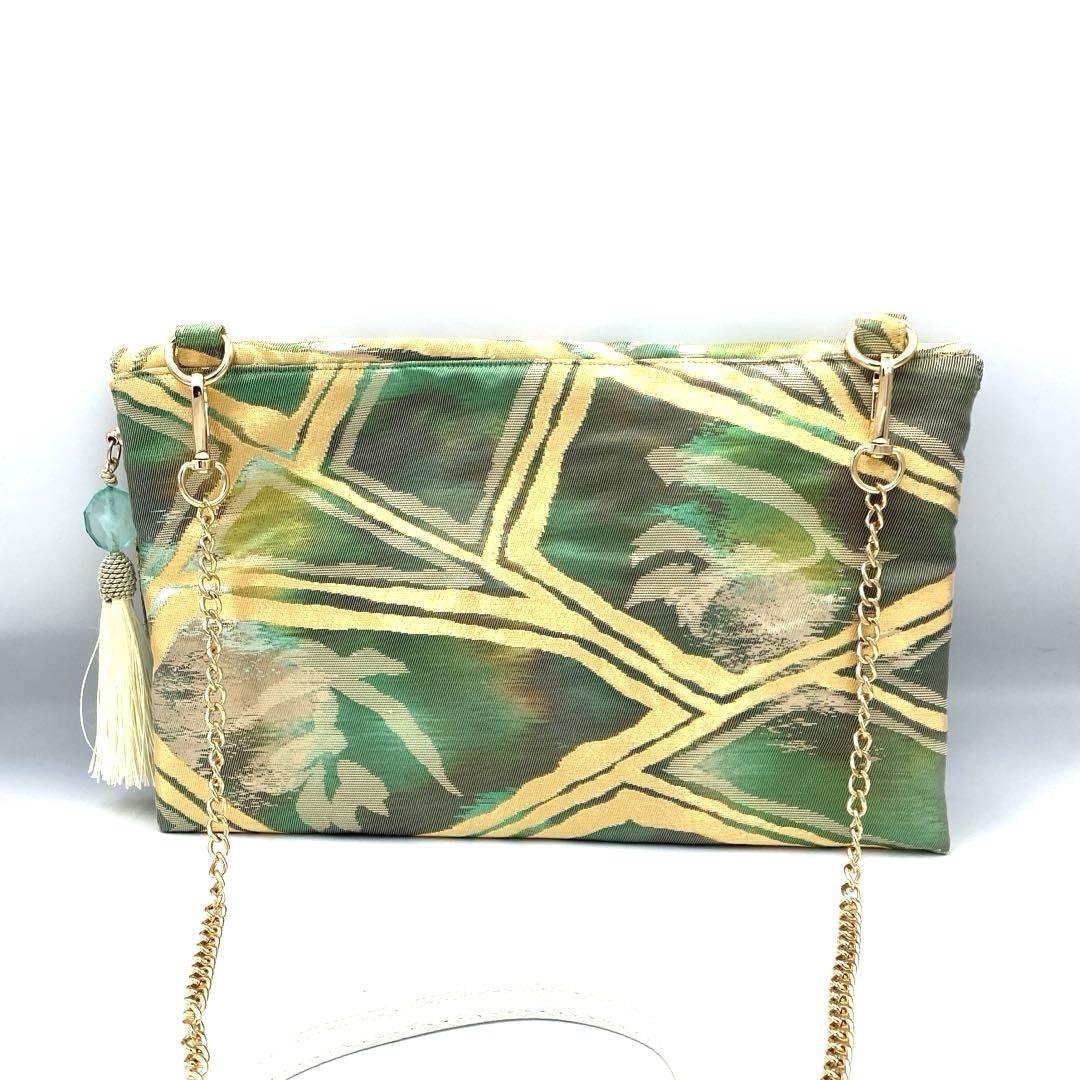 メタリックグリーン　帯リメイクバッグ　クラッチ&ポシェット2way 斜めがけ