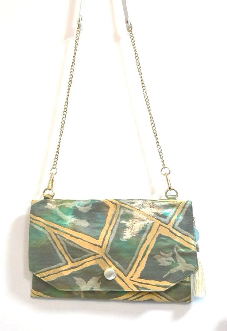 メタリックグリーン　帯リメイクバッグ　クラッチ&ポシェット2way 斜めがけ