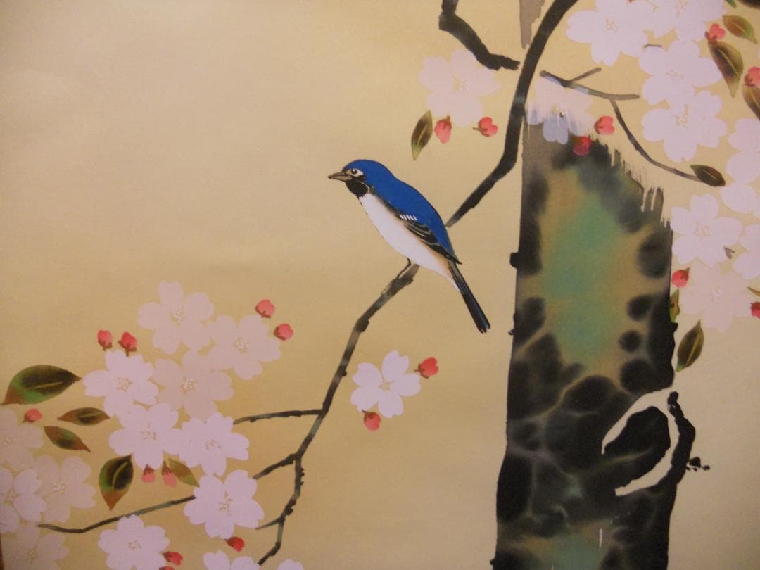 掛け軸 小川大鳳 桜に瑠璃鳥 絹本 希少 軸装 茶道具 掛軸 美品 です