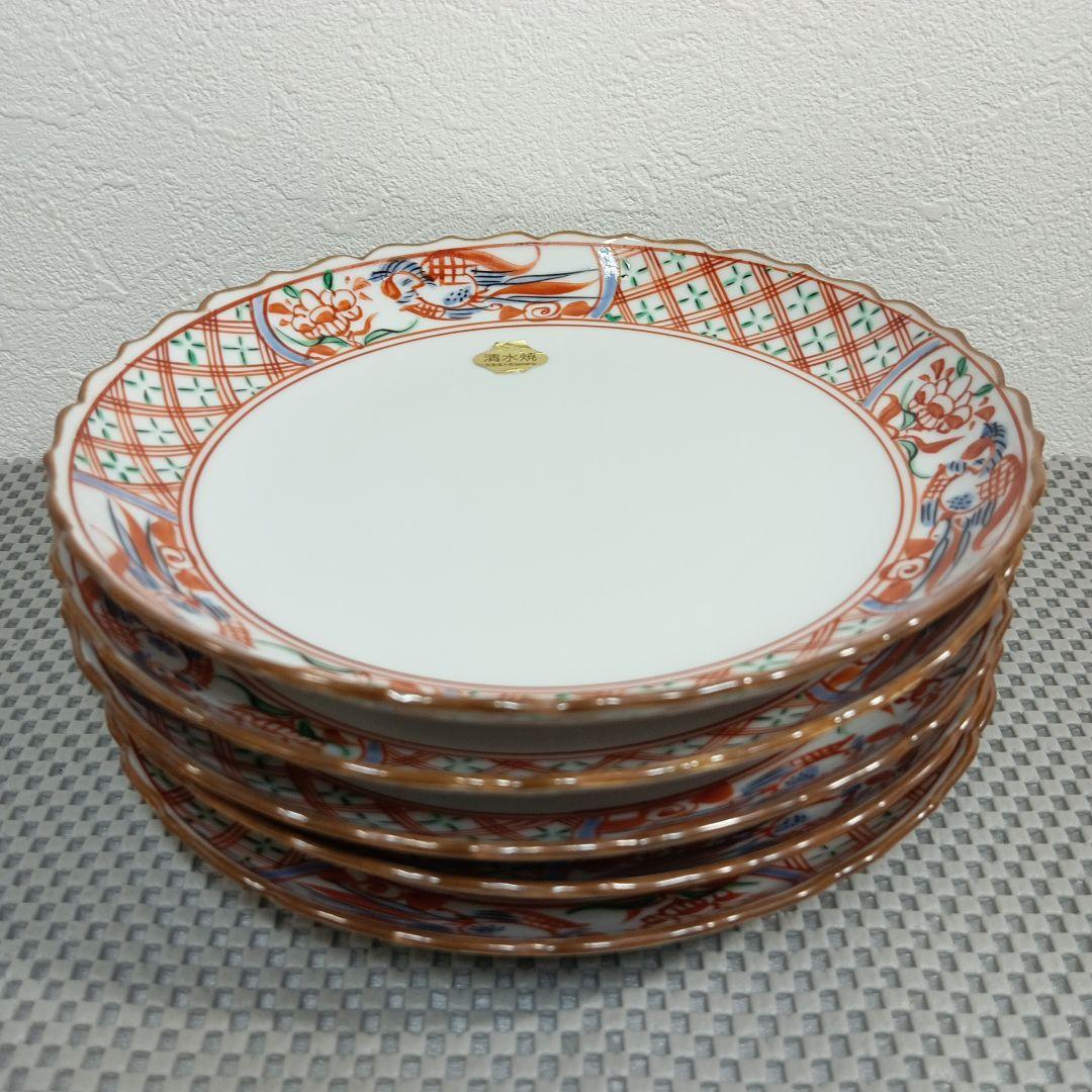 清水焼 赤絵格子花鳥六寸皿 お皿 菓子皿 盛り皿 5枚セット