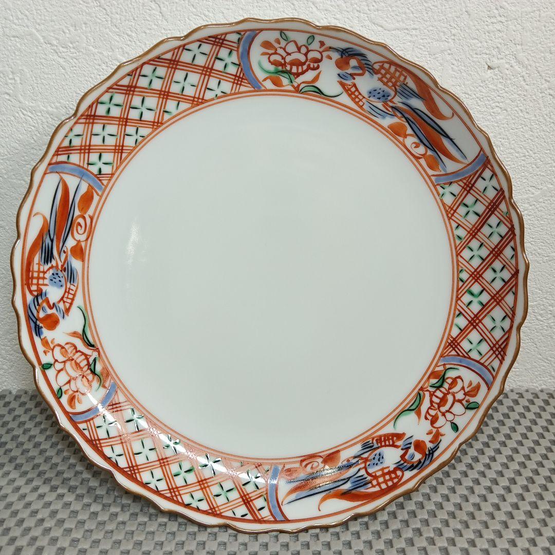 清水焼 赤絵格子花鳥六寸皿 お皿 菓子皿 盛り皿 5枚セット