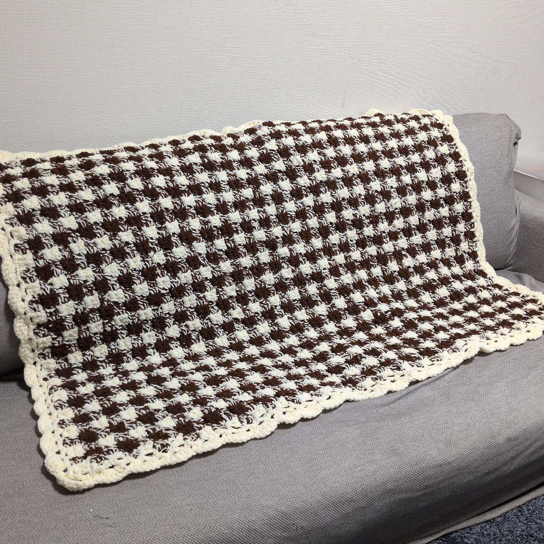ギンガムチェック柄 手編みブランケット ひざ掛け マルチカバー