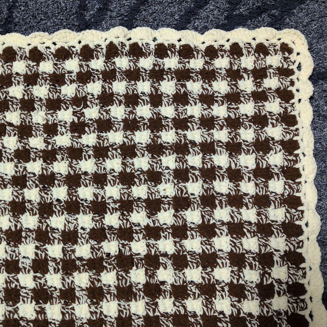 ギンガムチェック柄 手編みブランケット ひざ掛け マルチカバー