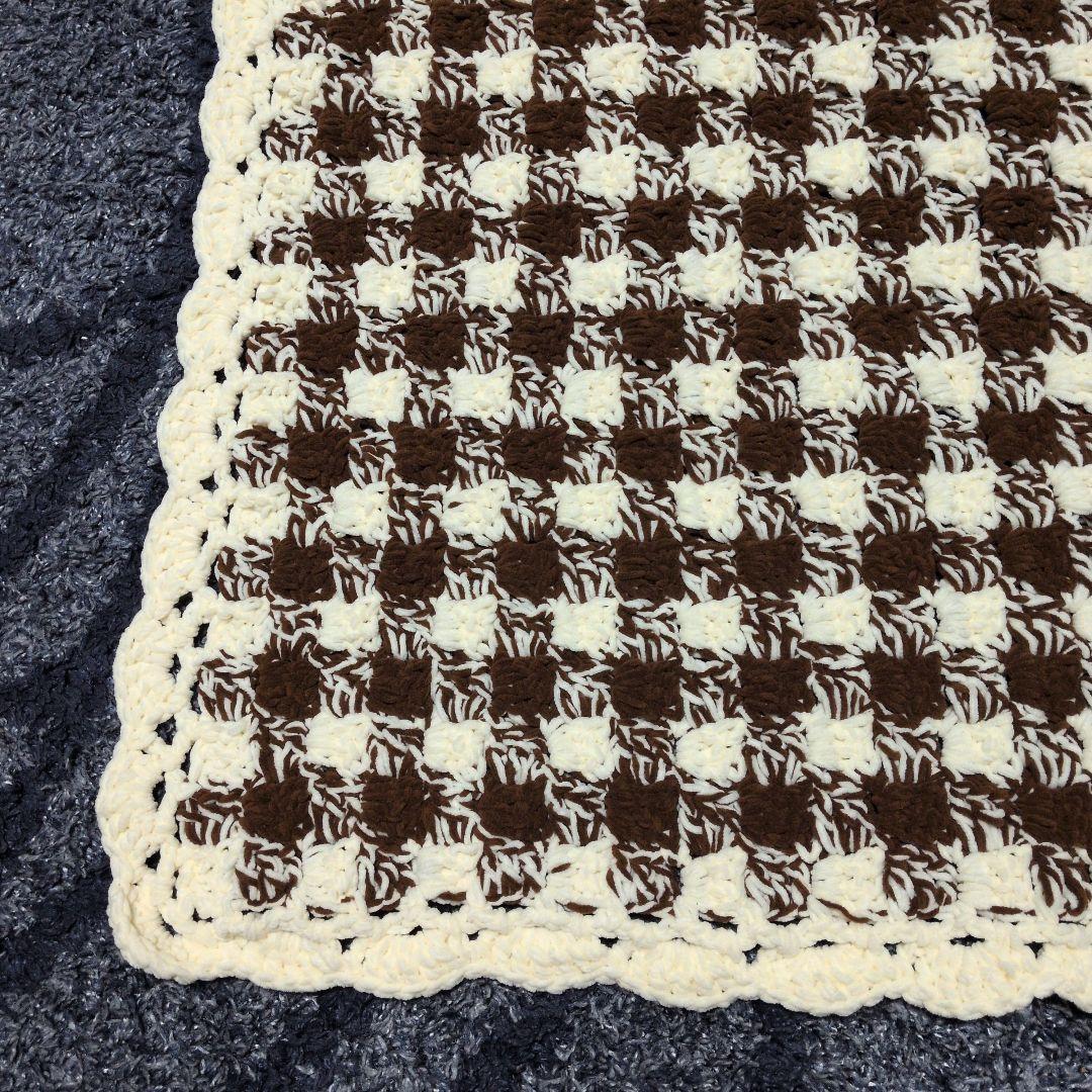 ギンガムチェック柄 手編みブランケット ひざ掛け マルチカバー