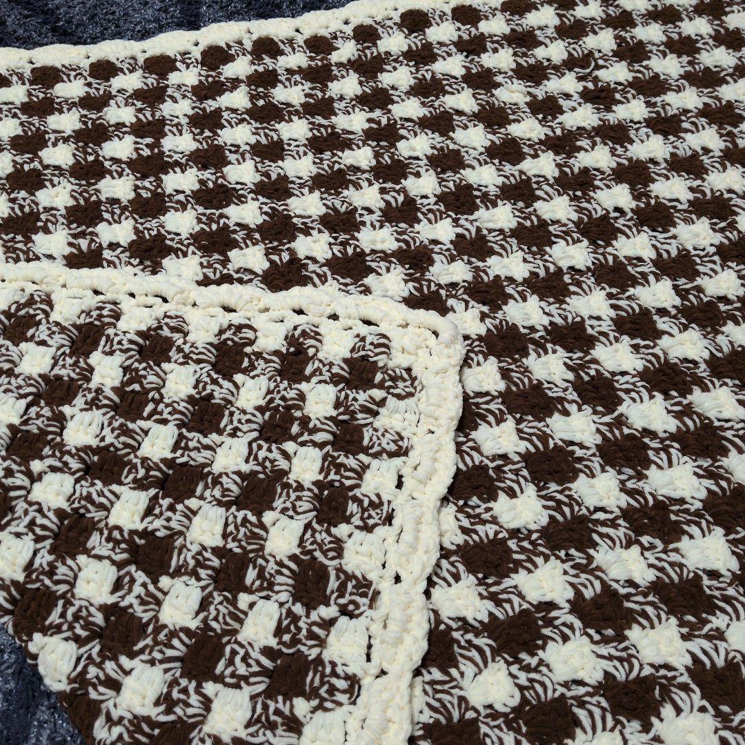 ギンガムチェック柄 手編みブランケット ひざ掛け マルチカバー