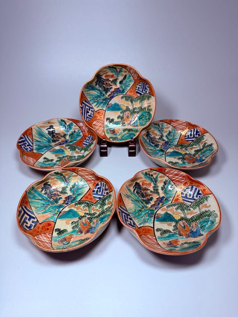 九谷焼 九谷庄三作 色絵風景図変形皿 五客 竹林賢人 窓絵