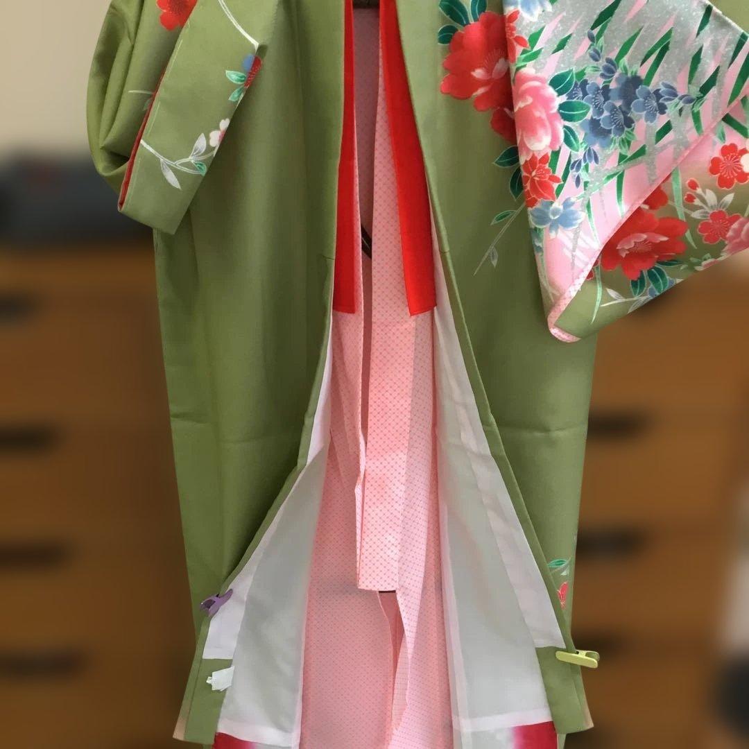 【新品未使用】七五三用 花柄 緑色 着物　7歳　ポリエステル　抹茶色　グリーン