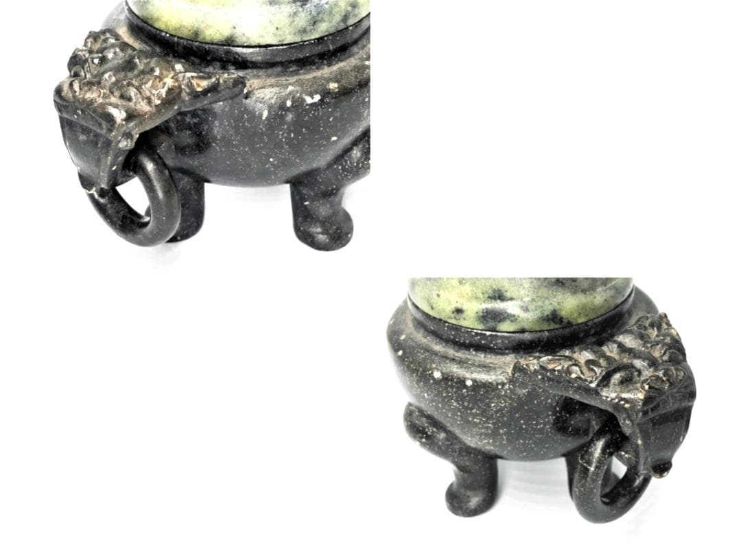 【 三つ足蝋石香炉 】　避邪双耳獅子蓋　中華古玩　蝋石彫刻