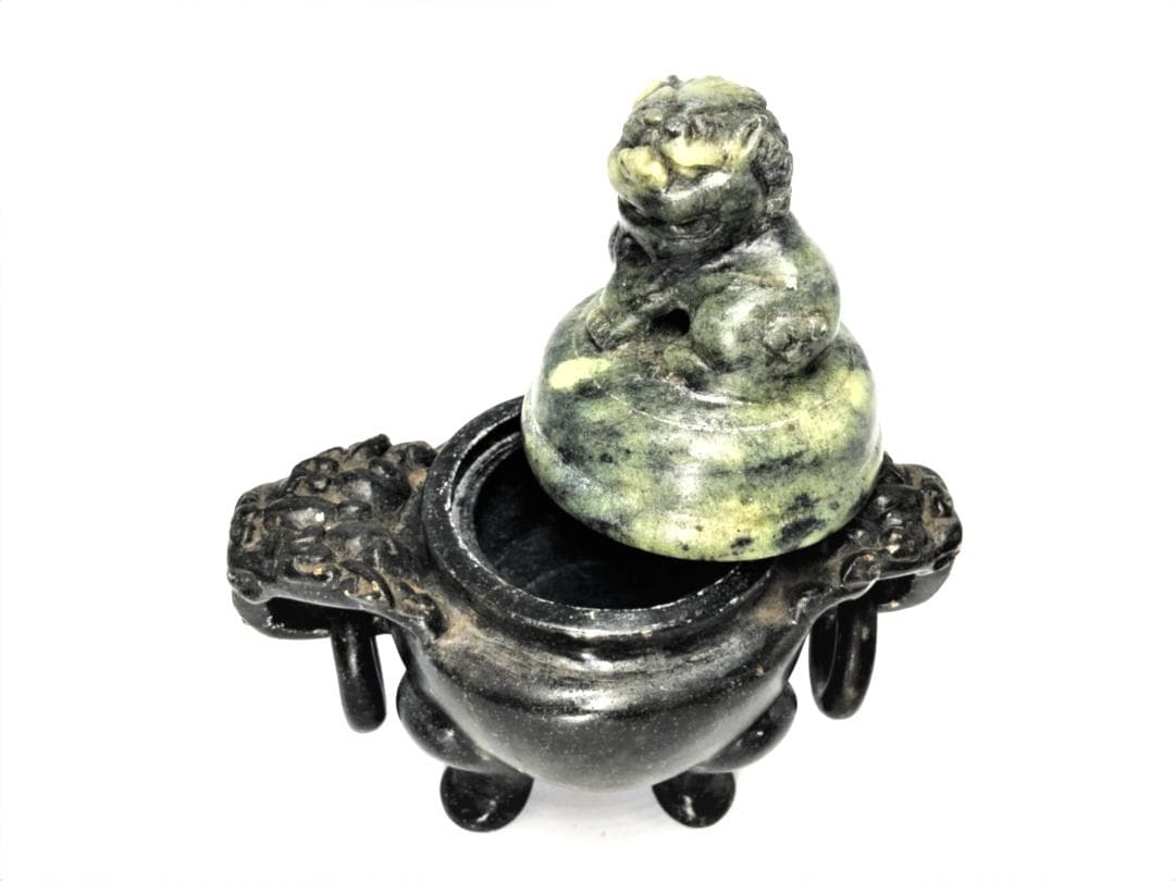 【 三つ足蝋石香炉 】　避邪双耳獅子蓋　中華古玩　蝋石彫刻