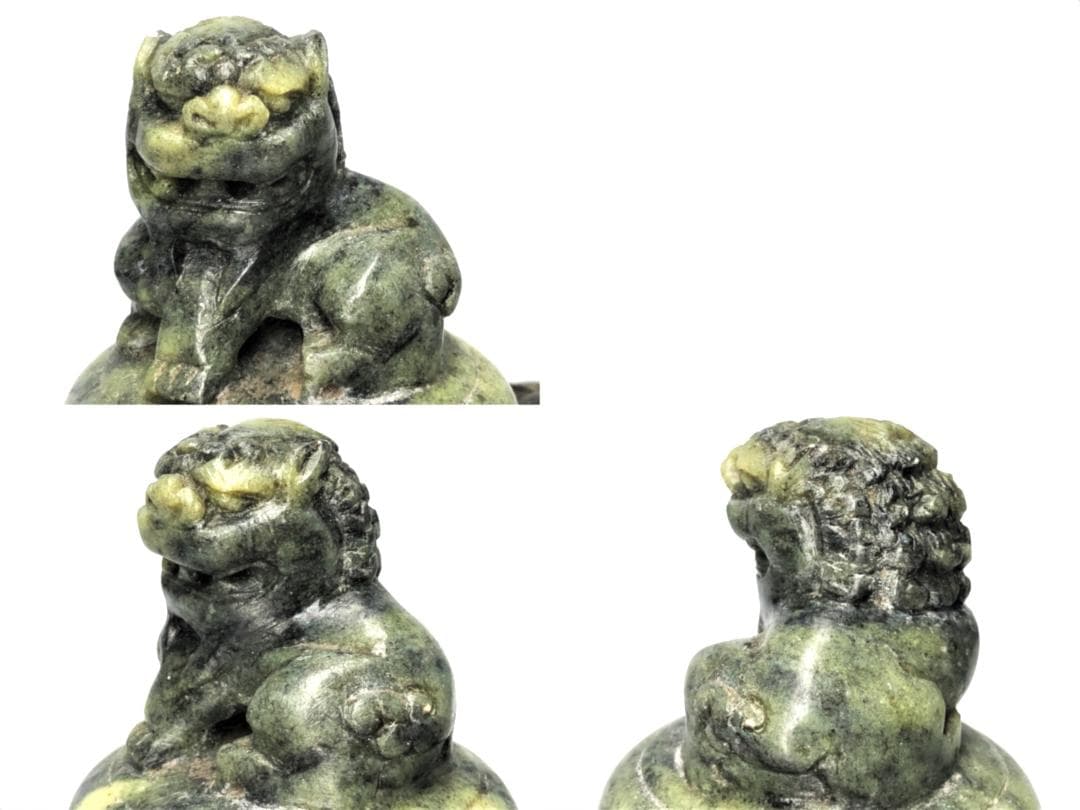 【 三つ足蝋石香炉 】　避邪双耳獅子蓋　中華古玩　蝋石彫刻