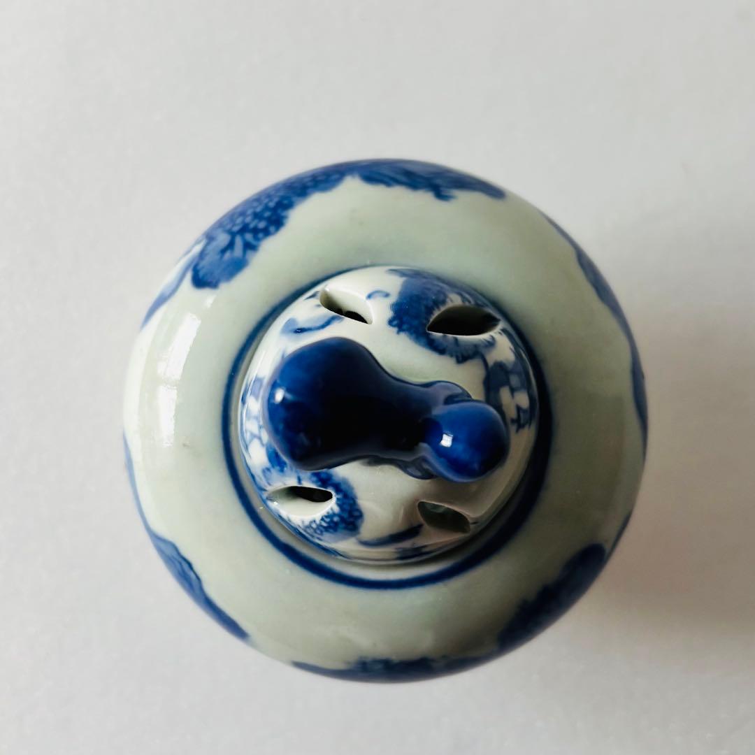 染付 三足 香炉 蓋付き 小壺 透かし 青白磁 中国美術 古陶磁 茶道具