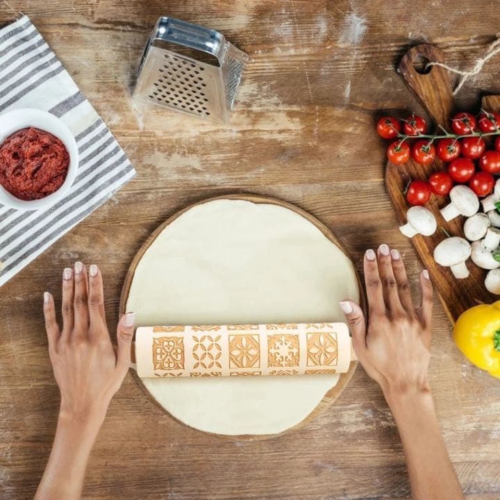 エンボスローラー　四角柄　木製麺棒　花柄　クッキー　クッキング　ハロウィン