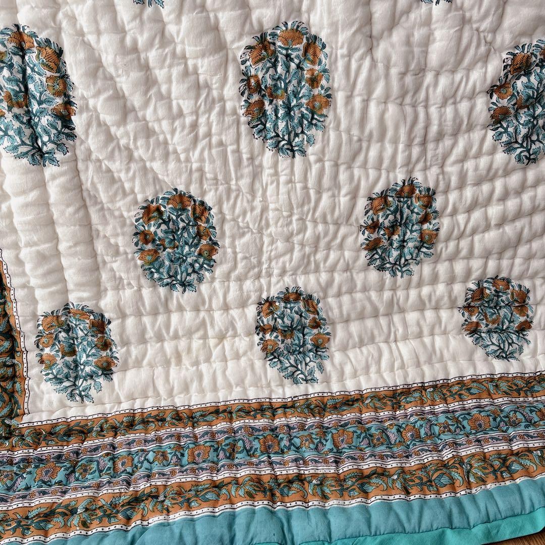 未使用※インド ブロックプリント 中綿入りキルト サファイア　マルチラグカバー