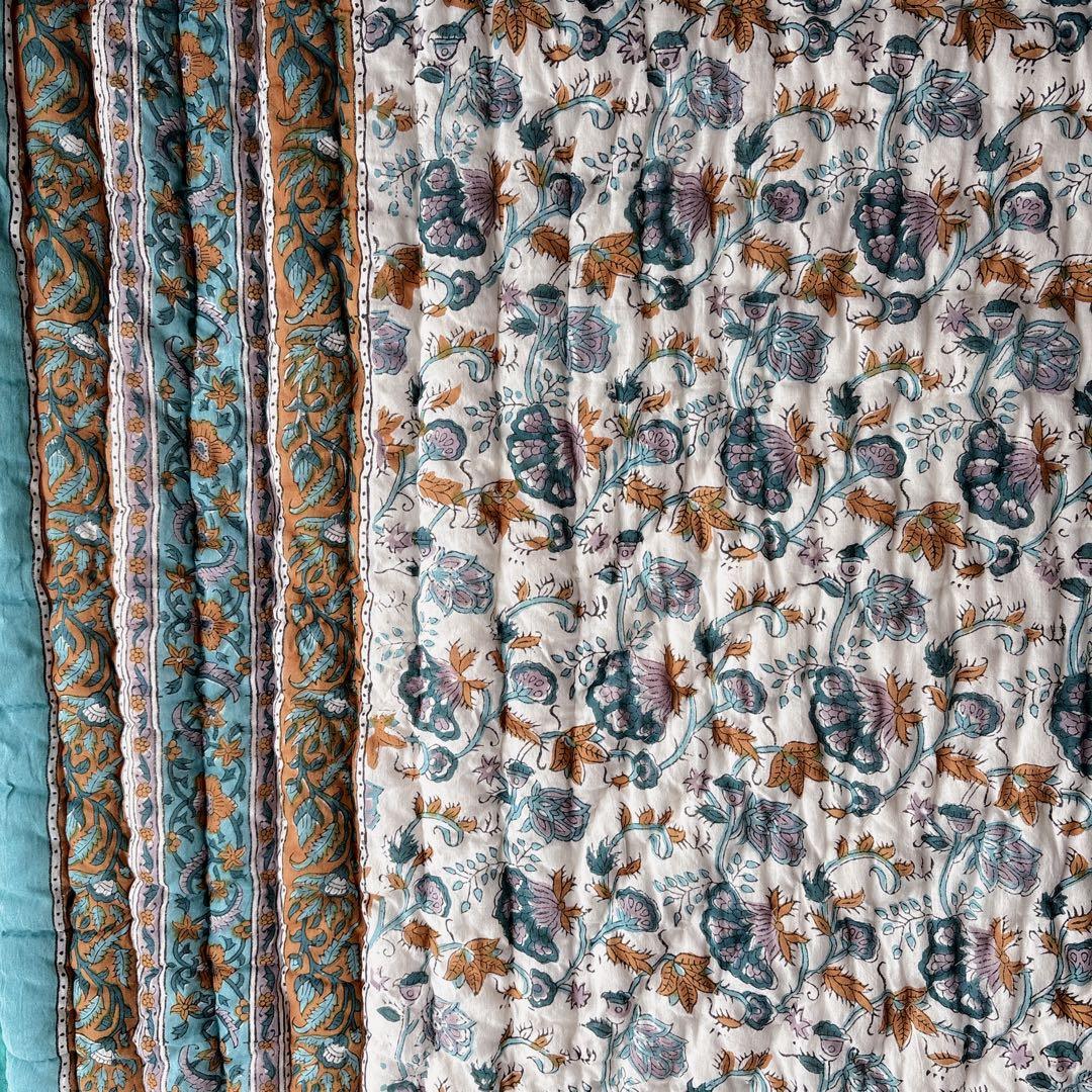 未使用※インド ブロックプリント 中綿入りキルト サファイア　マルチラグカバー