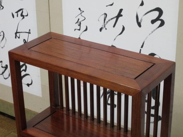 総唐木 花梨 無垢材 縦桟格子 3段 民芸 書棚/本棚/ブックシェルフ/飾り棚