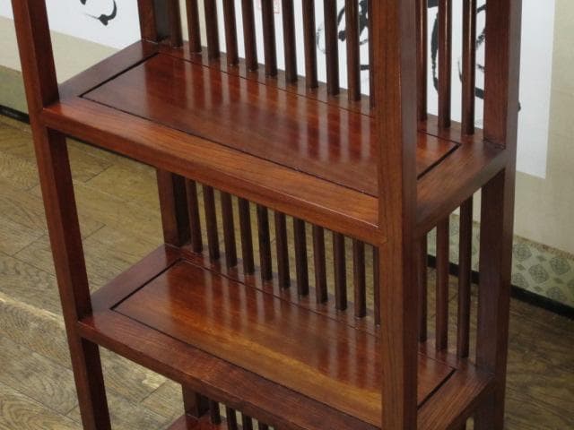 総唐木 花梨 無垢材 縦桟格子 3段 民芸 書棚/本棚/ブックシェルフ/飾り棚