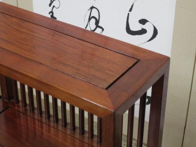 総唐木 花梨 無垢材 縦桟格子 3段 民芸 書棚/本棚/ブックシェルフ/飾り棚