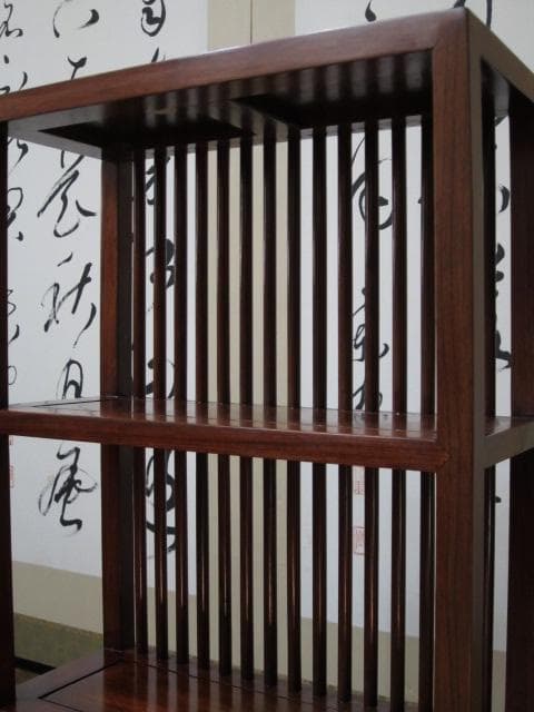 総唐木 花梨 無垢材 縦桟格子 3段 民芸 書棚/本棚/ブックシェルフ/飾り棚