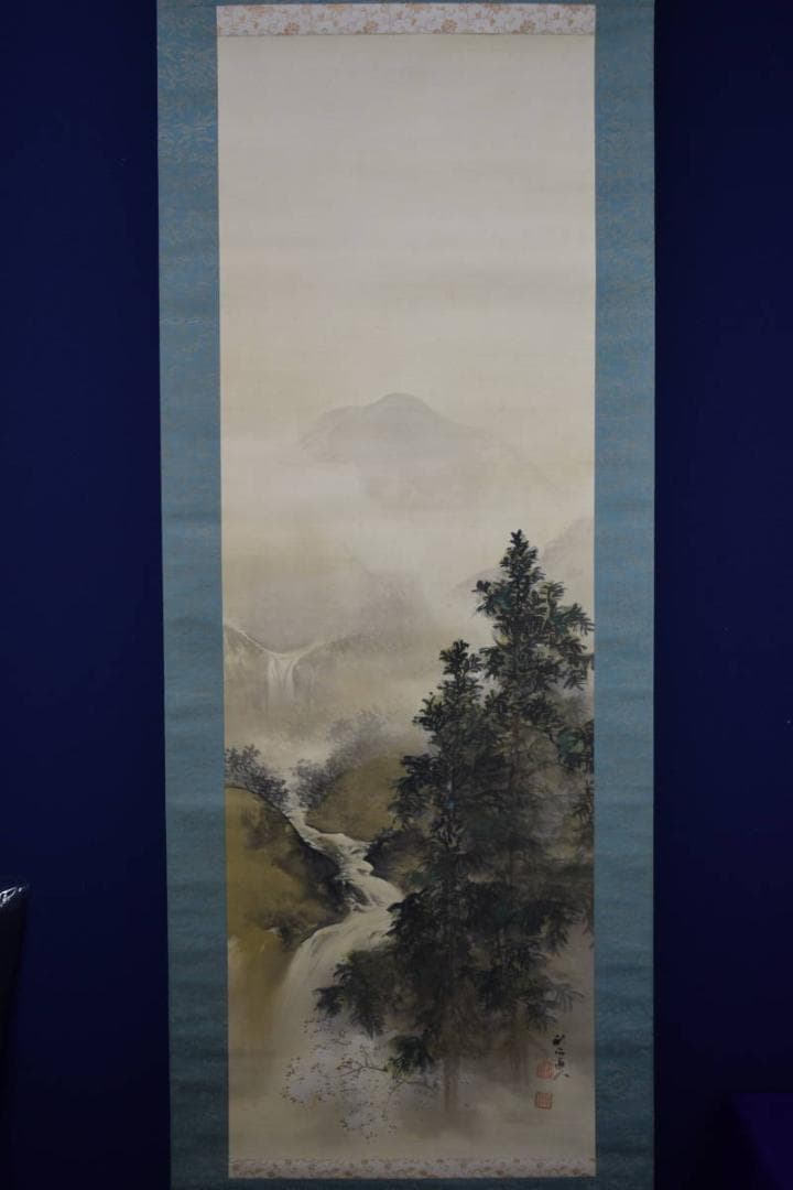 真作/奥谷秋石/春景山水図/桐共箱二重箱/布袋屋掛軸