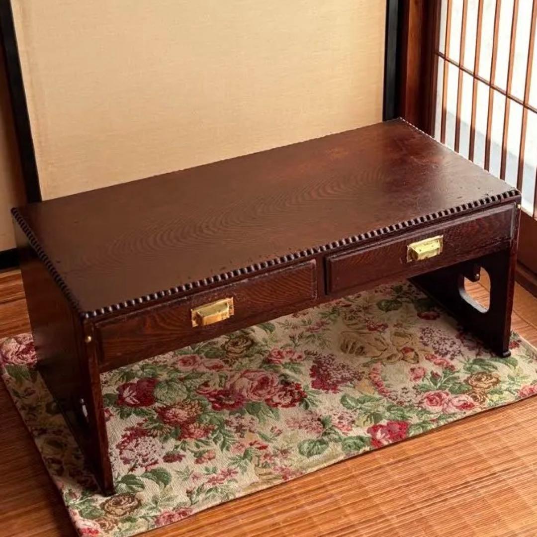 【 古物 】和風 木製 座卓 真鍮 取っ手 引き出し