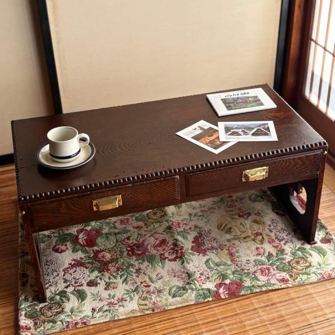 【 古物 】和風 木製 座卓 真鍮 取っ手 引き出し