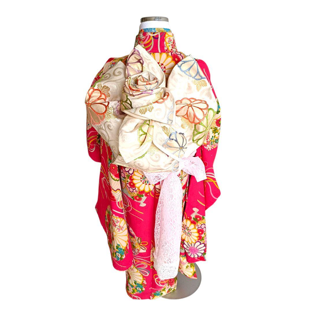 アンティーク綺麗なピンクの着物に薔薇の花作り帯セット