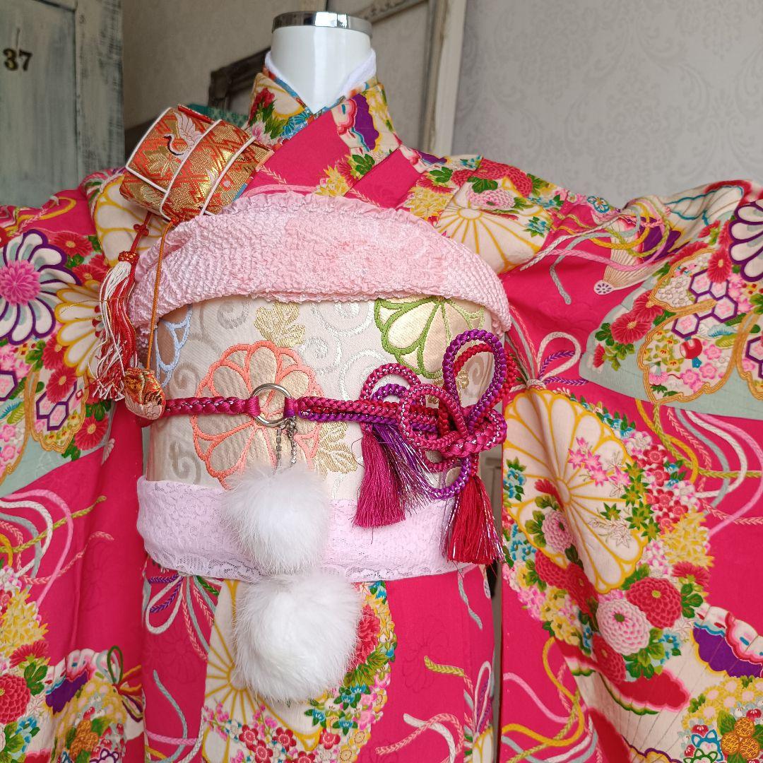 アンティーク綺麗なピンクの着物に薔薇の花作り帯セット